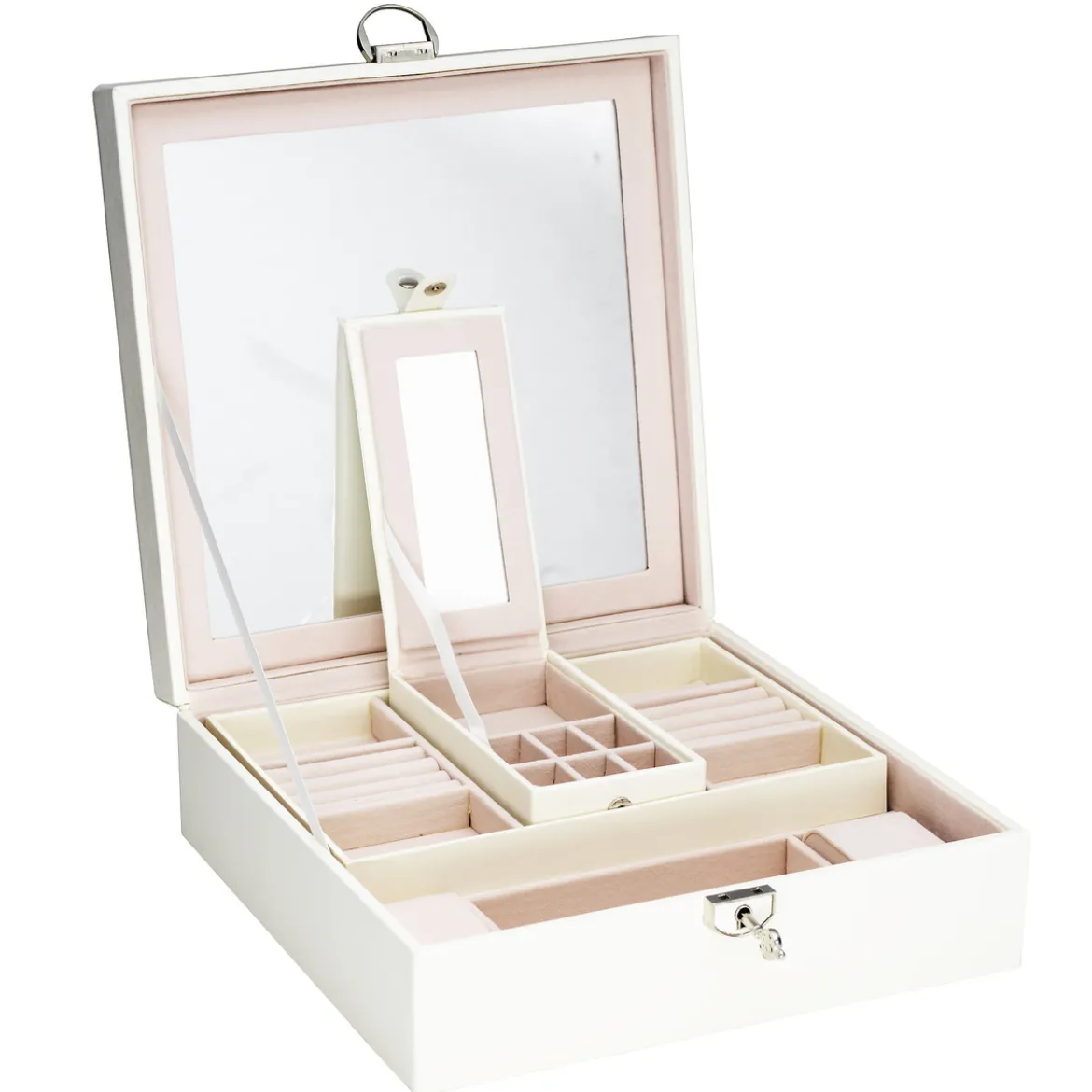 Stort, kremfarget smykkeskrin med speil og mange rom / skuffer – 25×25×9 cm