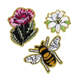 Strykemerke Garden 3 stk. Gullglitrende blomster og en bie, Ø30–45 mm