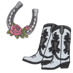 Strykemerker 2 stk. Cowboyboots 55×55 mm og hestesko med blomst 35×40 mm