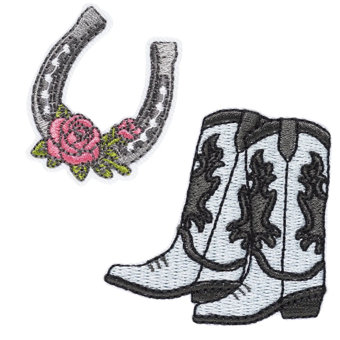 Strykemerker 2 stk. Cowboyboots 55×55 mm og hestesko med blomst 35×40 mm