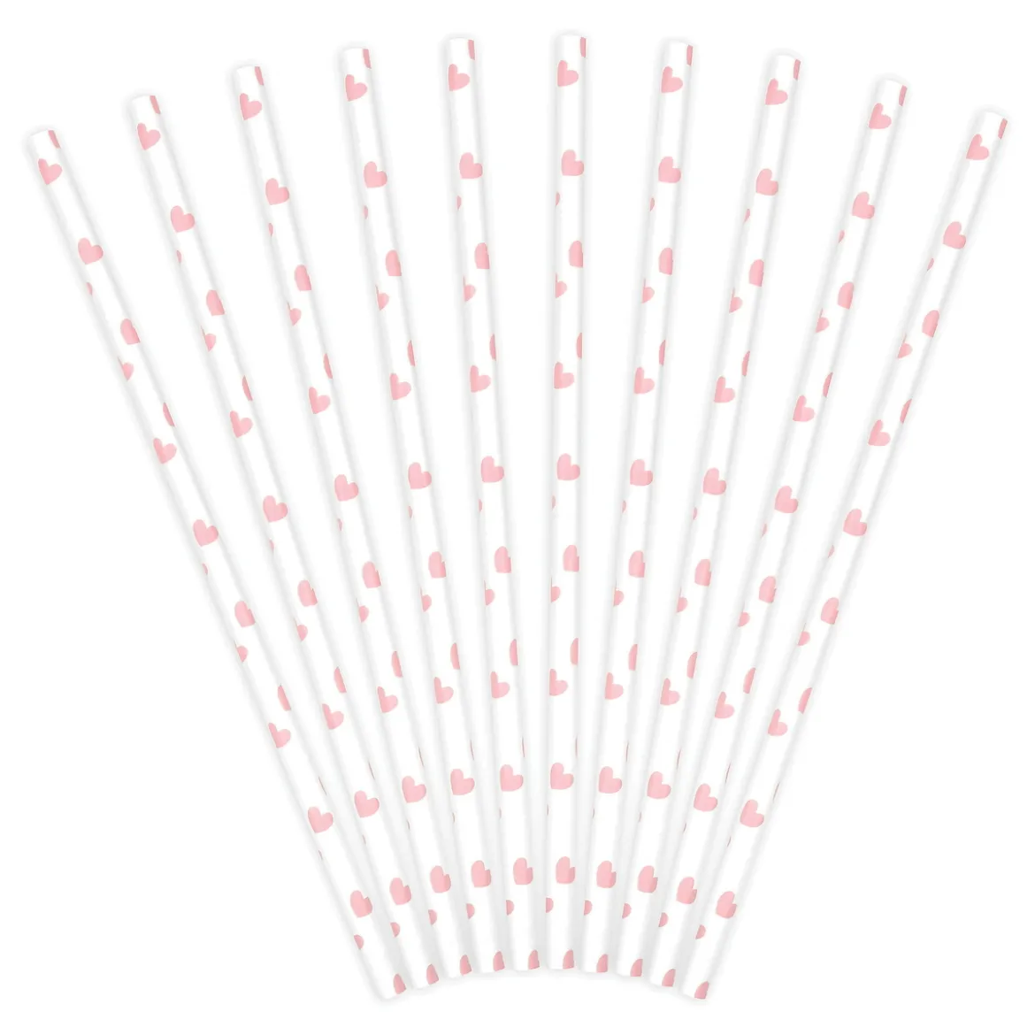 Sugerør av papir 10-pakning, hvite med rosa hjerter. Lengde 19,5 cm