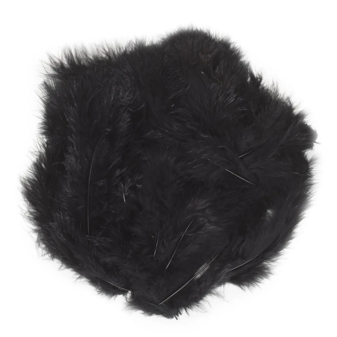 Svarte lodne fjær fra kalkun, lengde 5–10 cm, ca. 70 stykker