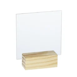 Transparent akrylplate i trestativ, kvadratisk 14×14 cm, 3 mm tykk