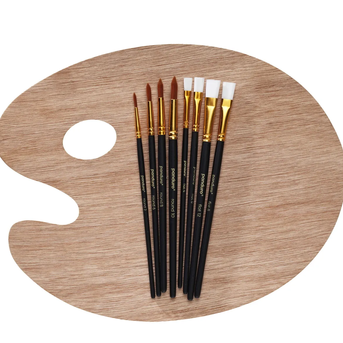 Trepalett & 8 pensler, syntetisk bust – flat 4, 6, 8, 12 og 4 rund #2, 6, 8, 10