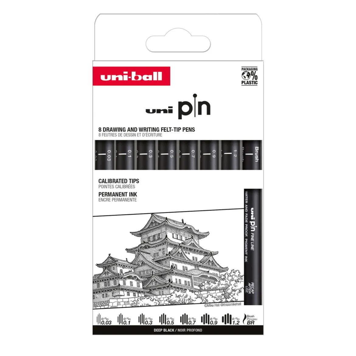 Uni Pin Fineliner 8-pakning, Set #2 – 7 fineliners og 1 brush / penselspiss