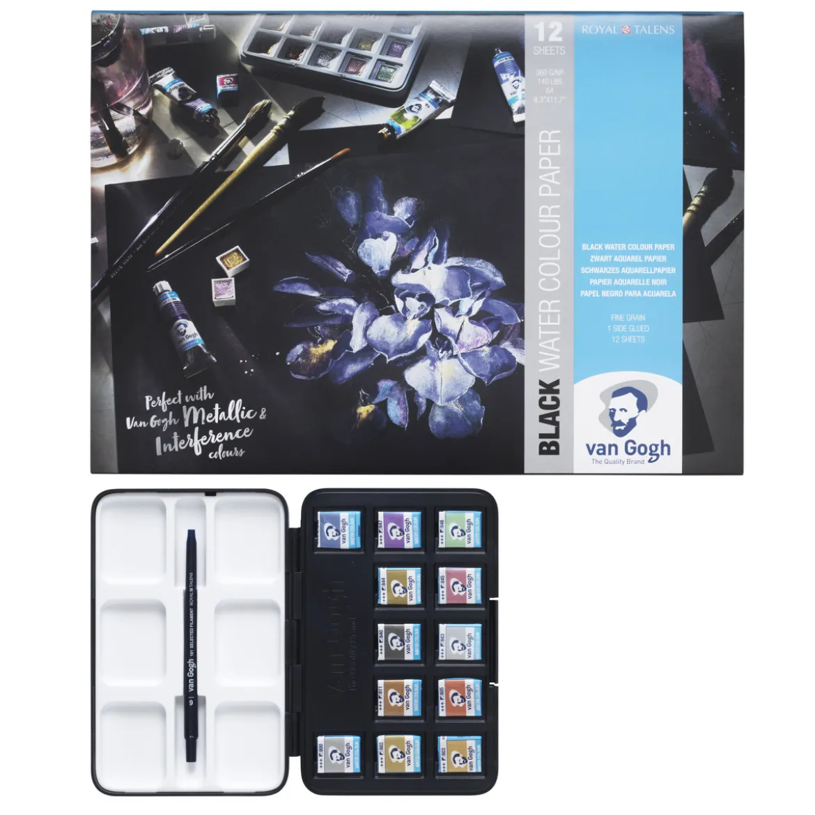 van Gogh akvarellmaling sett – 12 halvkopper – Noir + A4-blokk med 12 svarte ark