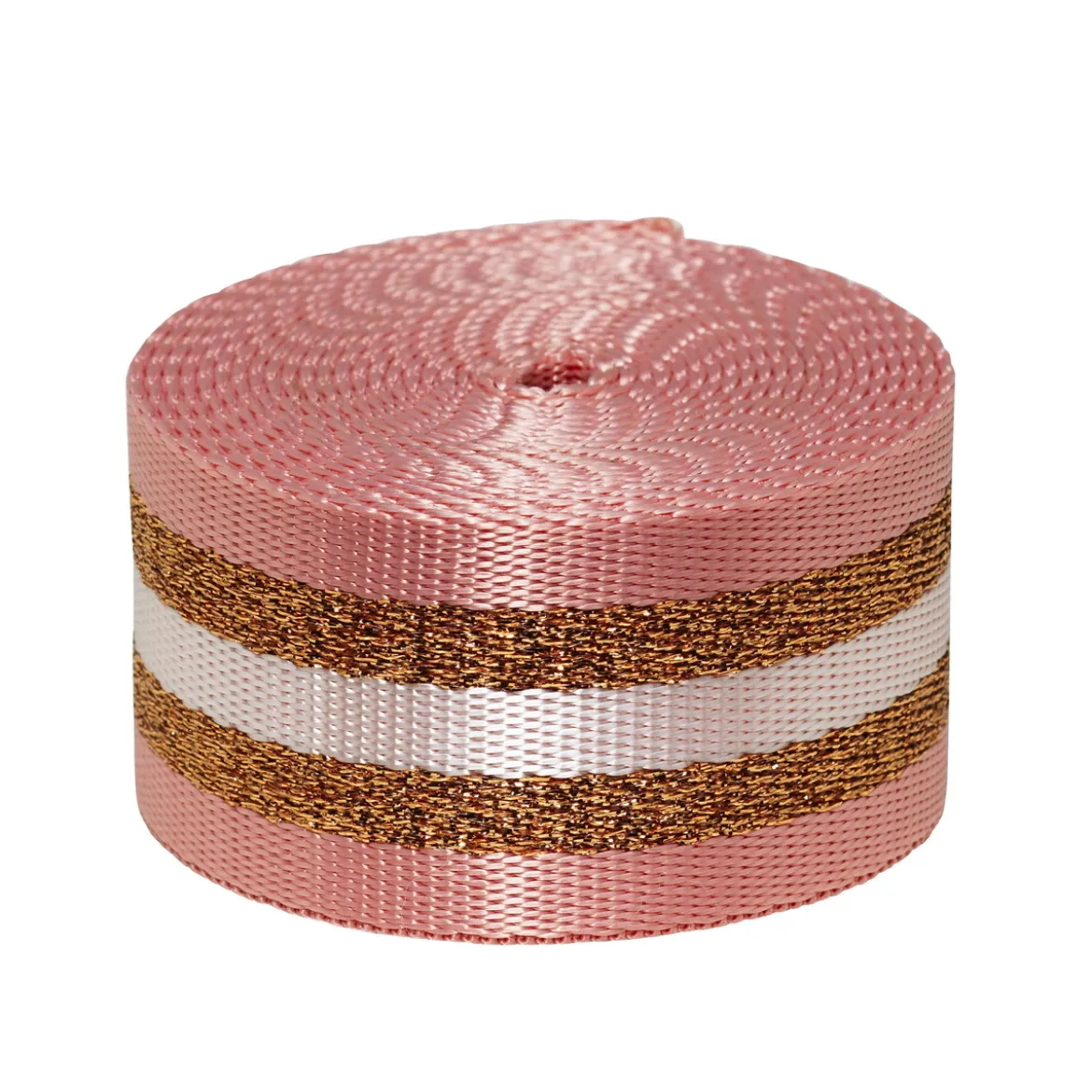 Veskerem, rosa med doble glitrende gullstriper, lengde 250 cm, bredde 3,8 cm