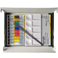 Winsor & Newton Galeria Acrylic Kit 10×12 ml akrylmaling, A4-blokk, 2 pensler + palett