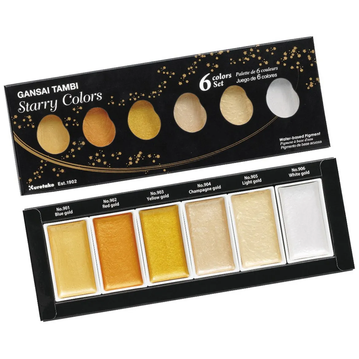 ZIG Kuretake Gansai Tambi Starry Set – 6 stk. japanske akvarellfarger i lyse og gylne nyanser
